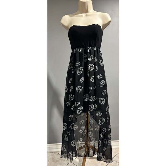 black strapless high-low maxi dress with skull print ~ goth - Picture 1 of 6